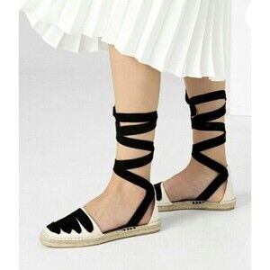 Zara espadrilles Flats Vacay Sz 38 Us 7.5 Beige Black Canvas Comfort Boho Shoes